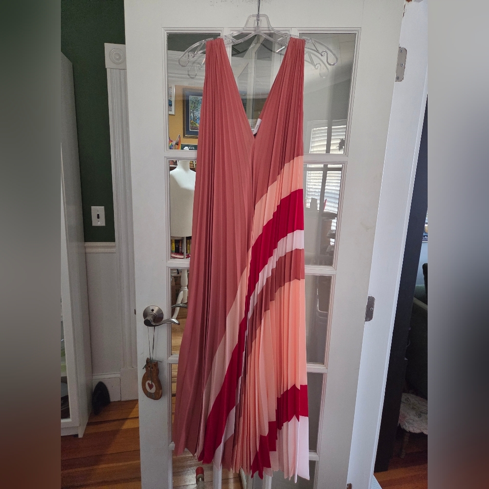 Tome V-Neck Coral Pleated Maxi Dress with Colorblock Stripes - Size XL - Picture 5 of 12